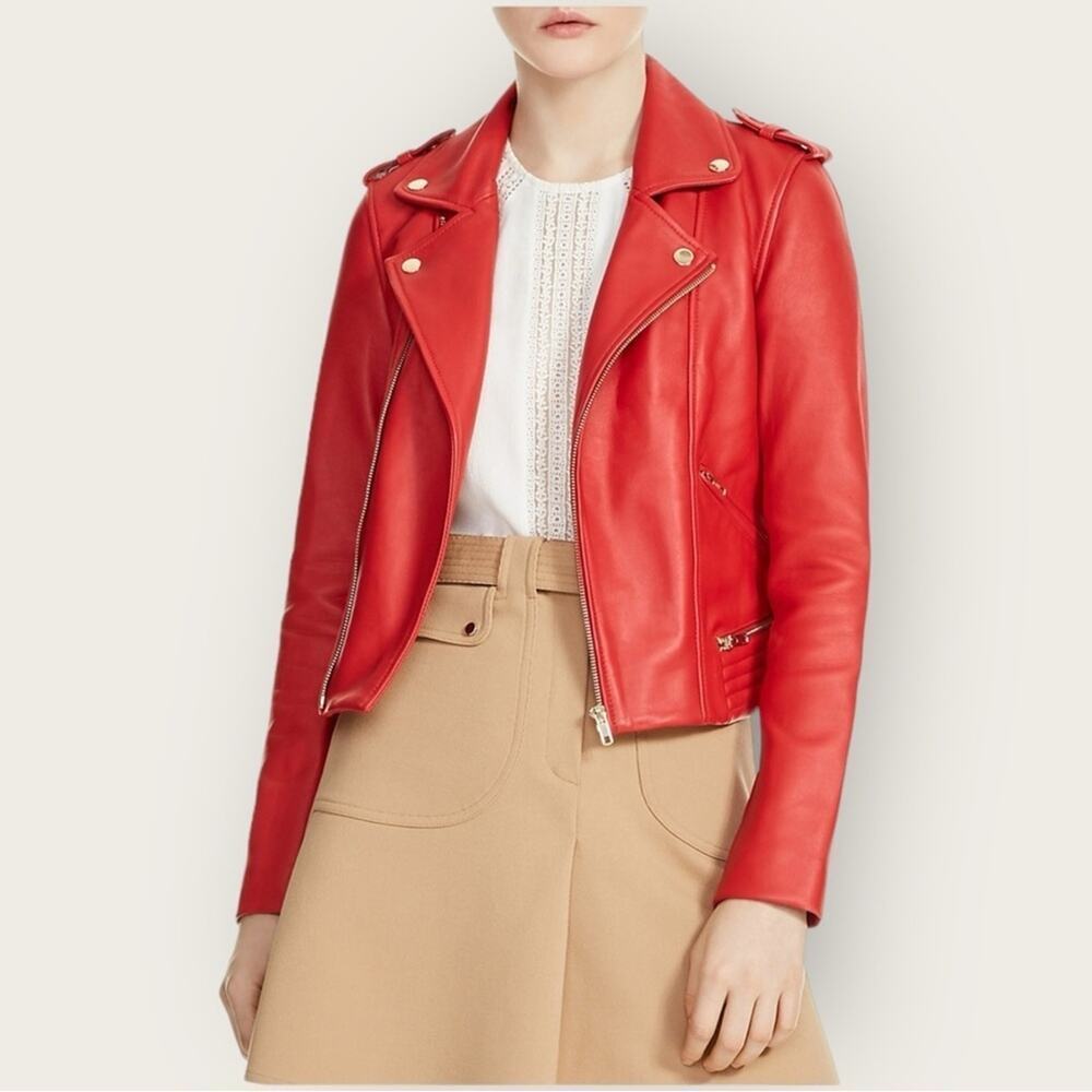 NWOT | Maje | Basalt Lamb Leather Motorcycle Jacket | Red | Size 36